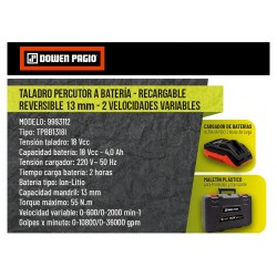 TALADRO DOWEN ATORN PERC 13MM 18V BRUSHLESS