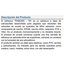 ADHESIVO CIANO TEK BOND 791 V.BAJA S.LISAS